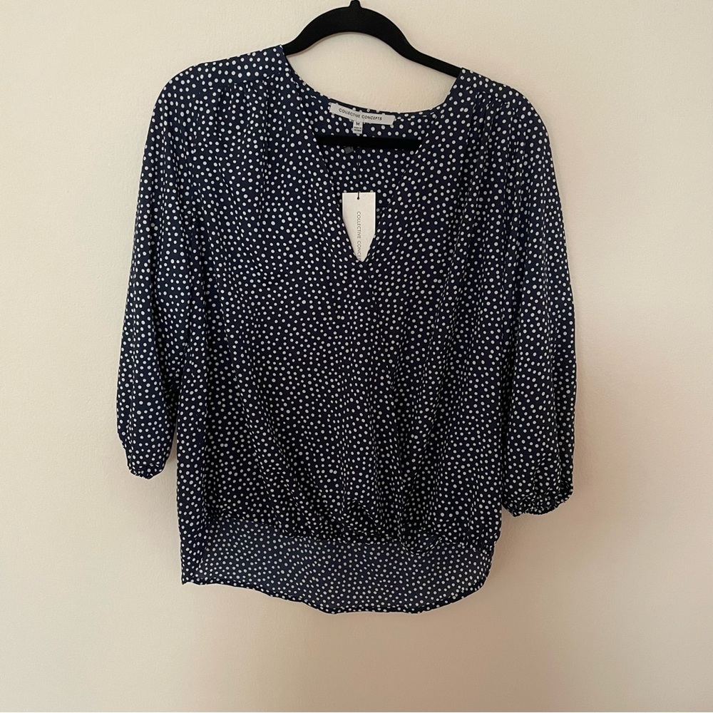 NWT Collective Concepts Blue and White Polka Dot faux wrap top M